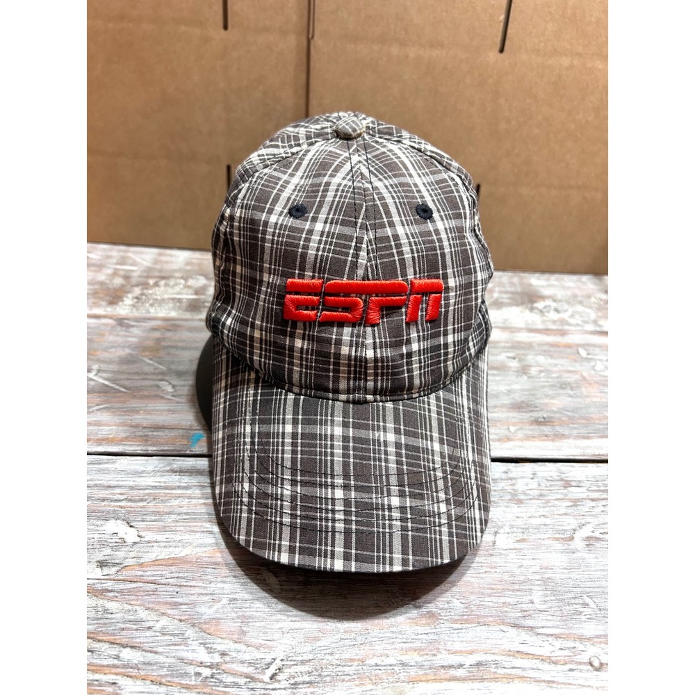 ESPN Plaid Baseball Cap Hat Brown White Red Embroidered Logo Adjustable